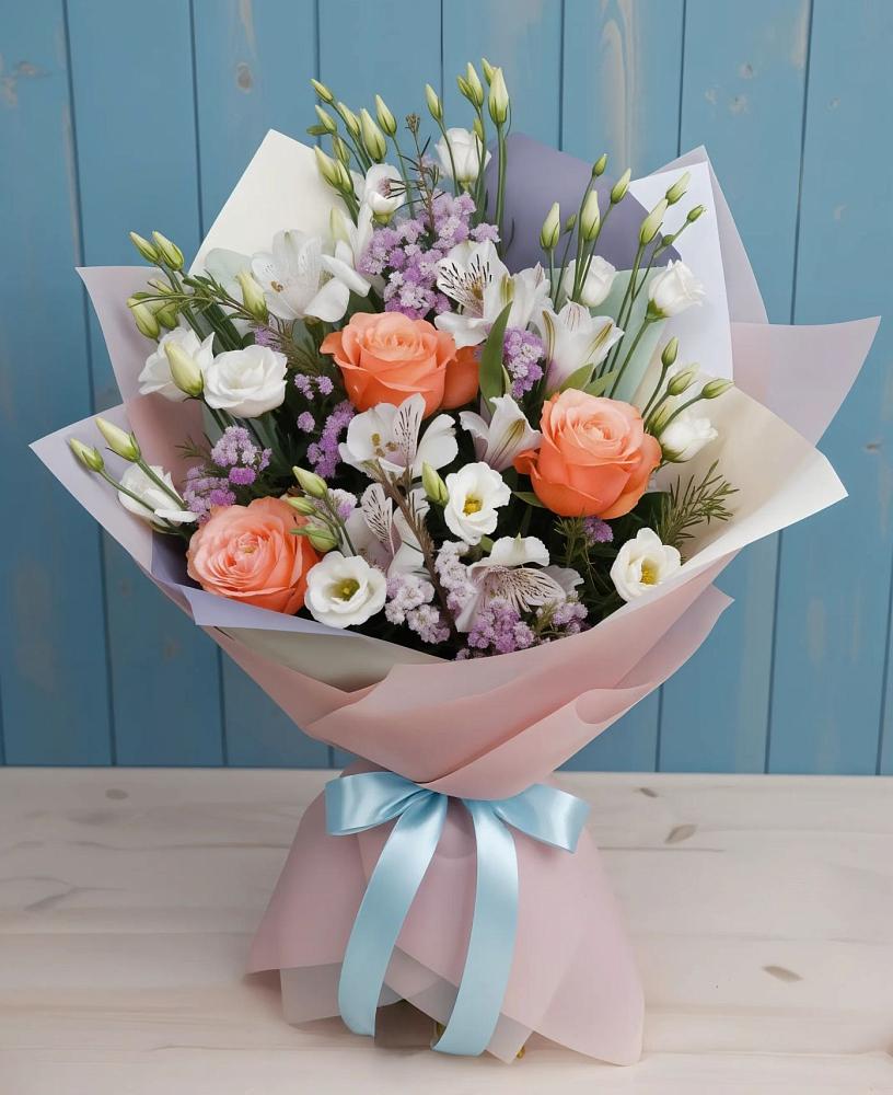 Букет цветов из: Лизиантусы, Розы, Альстромерии и Гипсофила в Торбеево