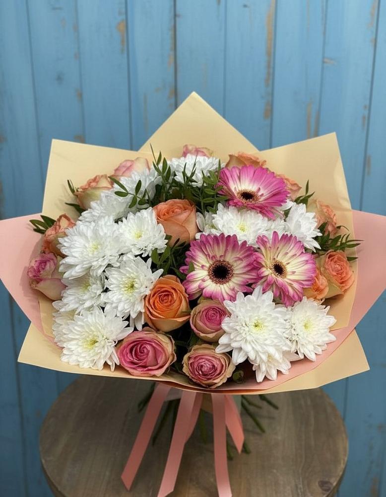 Букет цветов из: Розы, Герберы и Хризантемы в Торбеево
