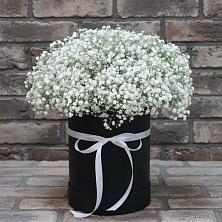 Цветочная композиция из Гипсофила в шляпной коробке в Торбеево