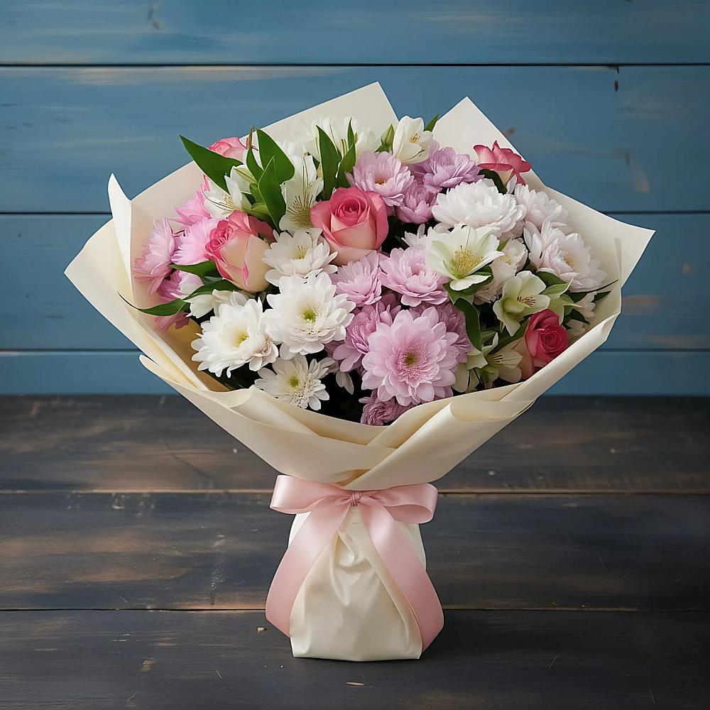 Букет цветов из: Хризантемы, Альстромерии и Розы в Торбеево